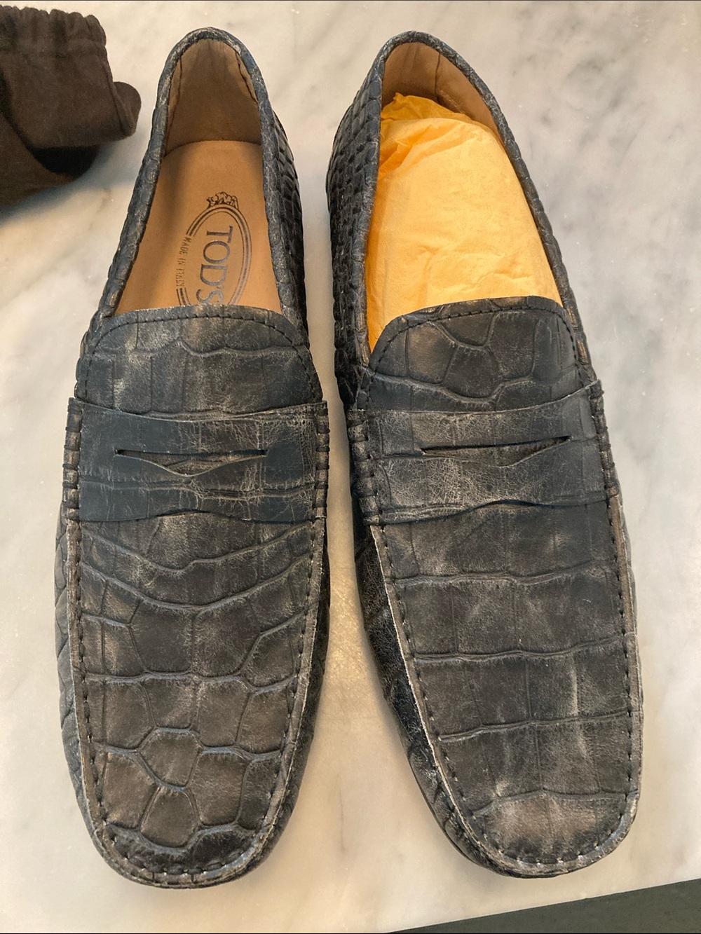 Tod's Gray Croc-Embossed Leather Penny Loafers